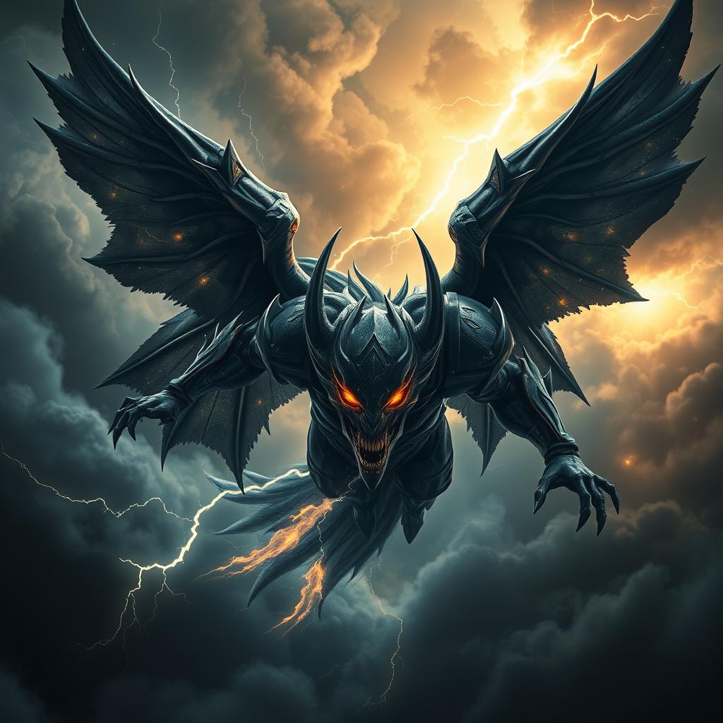 A powerful, majestic archangel depicted as a dark, demonic figure, soaring through a stormy sky