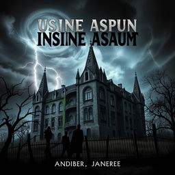 A chilling horror book cover featuring a foreboding insane asylum looming in the background
