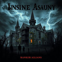 A chilling horror book cover featuring a foreboding insane asylum looming in the background
