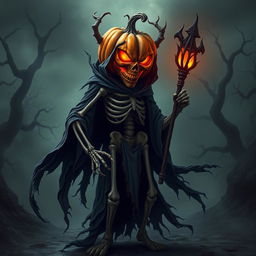 An infernal skeleton character with a pumpkin for a head, standing menacingly in a dark, eerie environment