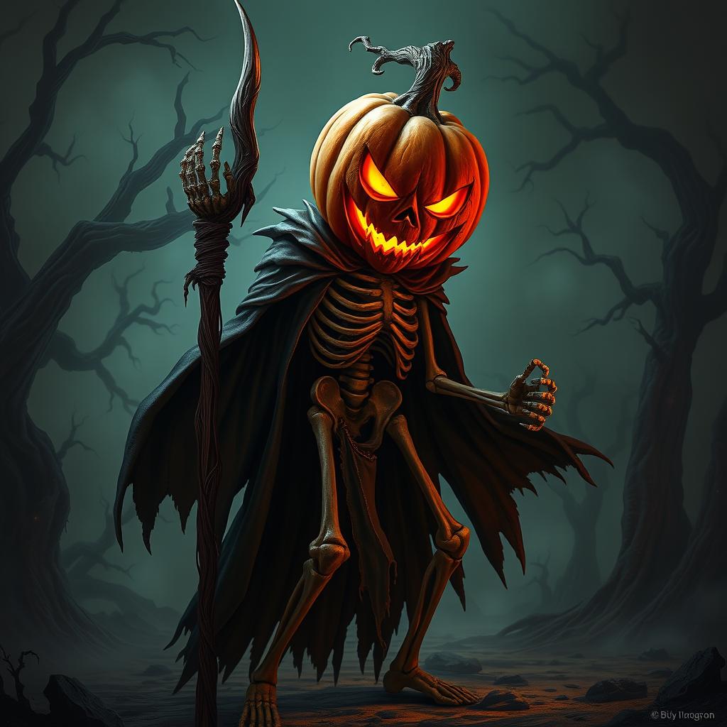 An infernal skeleton character with a pumpkin for a head, standing menacingly in a dark, eerie environment