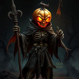 An infernal skeleton character with a pumpkin for a head, standing menacingly in a dark, eerie environment
