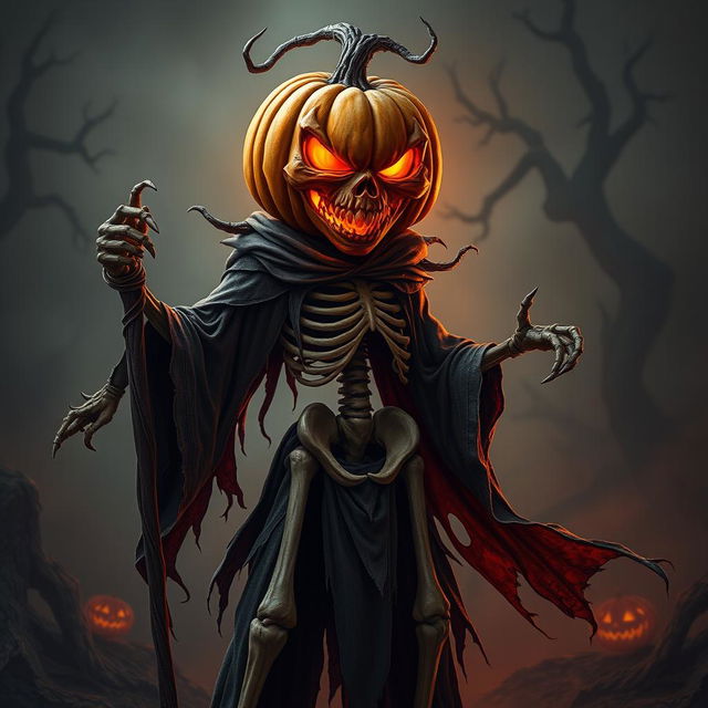 An infernal skeleton character with a pumpkin for a head, standing menacingly in a dark, eerie environment