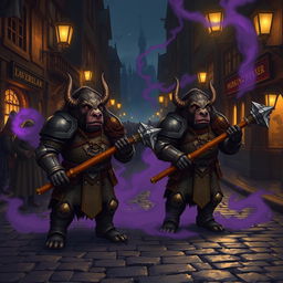 Two armored bugbears, each wielding a morningstar mace, stand looking confused on a cobbled street at night