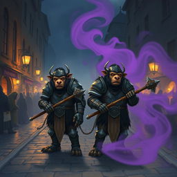 Two armored bugbears, each wielding a morningstar mace, stand looking confused on a cobbled street at night