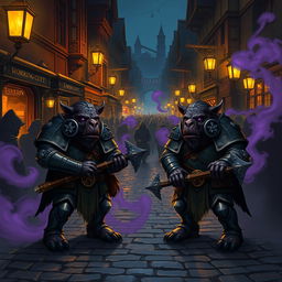 Two armored bugbears, each wielding a morningstar mace, stand looking confused on a cobbled street at night