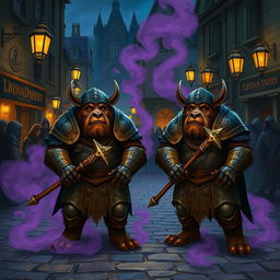 Two armored bugbears, each wielding a morningstar mace, stand looking confused on a cobbled street at night