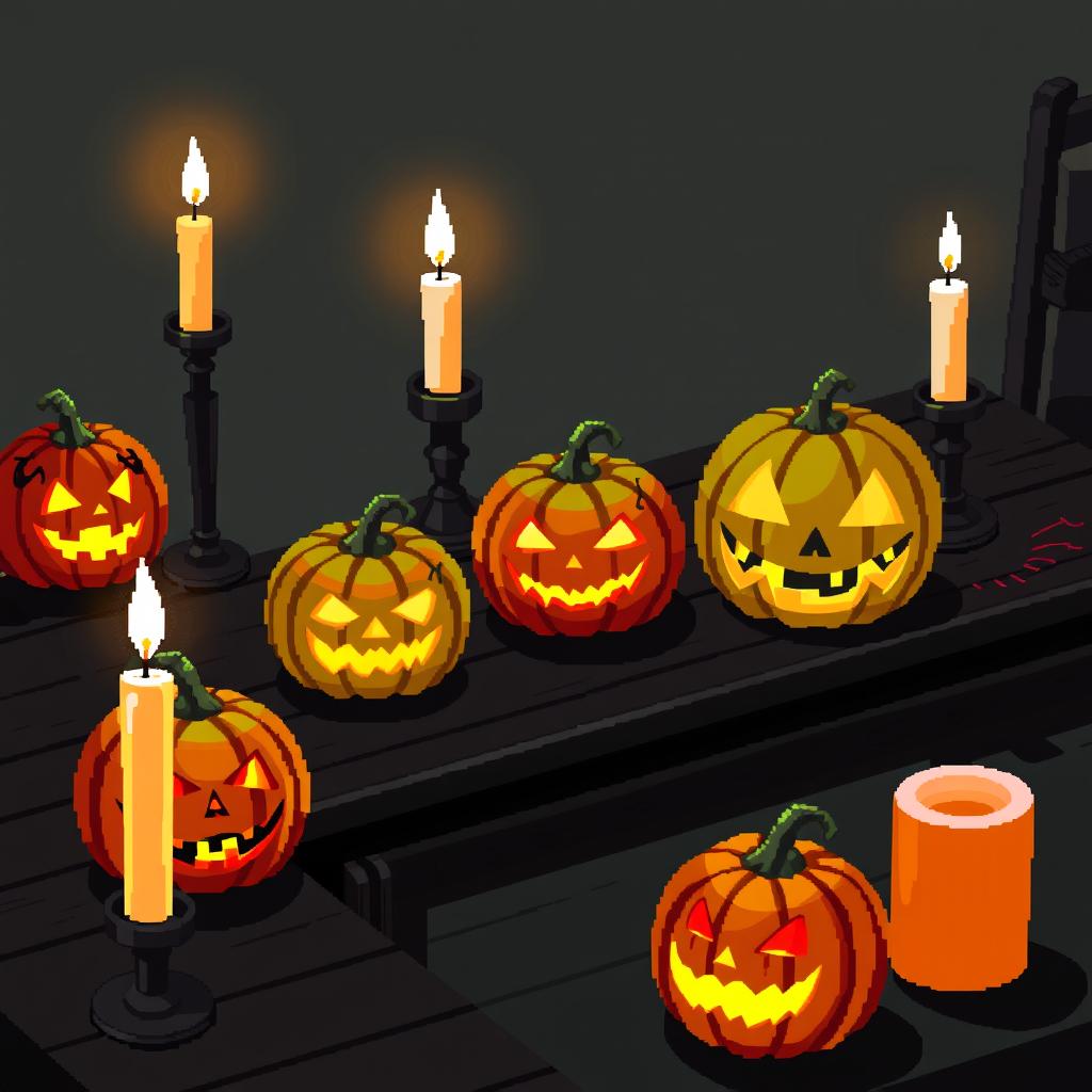 A detailed pixel art illustration of a Halloween-themed table setting featuring glowing jack-o-lanterns and flickering candles