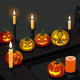 A detailed pixel art illustration of a Halloween-themed table setting featuring glowing jack-o-lanterns and flickering candles