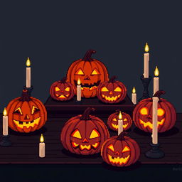 A detailed pixel art illustration of a Halloween-themed table setting featuring glowing jack-o-lanterns and flickering candles