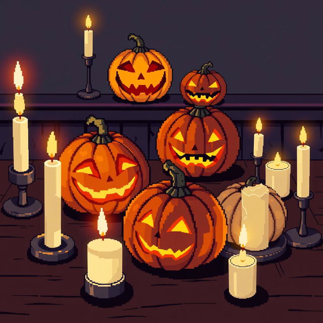 A detailed pixel art illustration of a Halloween-themed table setting featuring glowing jack-o-lanterns and flickering candles