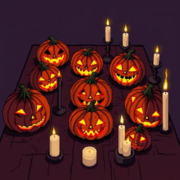 A detailed pixel art illustration of a Halloween-themed table setting featuring glowing jack-o-lanterns and flickering candles