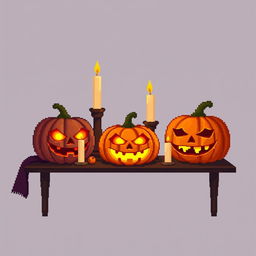 A detailed pixel art illustration of a Halloween setting featuring a table with glowing jack-o-lanterns and flickering candles