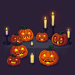 A detailed pixel art illustration of a Halloween setting featuring a table with glowing jack-o-lanterns and flickering candles