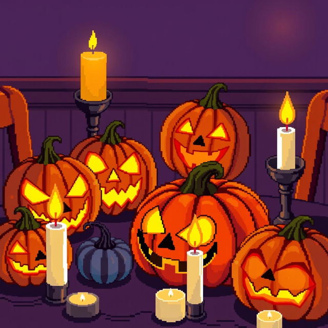 A detailed pixel art illustration of a Halloween setting featuring a table with glowing jack-o-lanterns and flickering candles