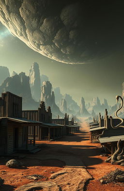 A desolate western-style ghost town on an alien planet, showcasing abandoned wooden buildings with peeling paint, dusty streets, and ominous shadows