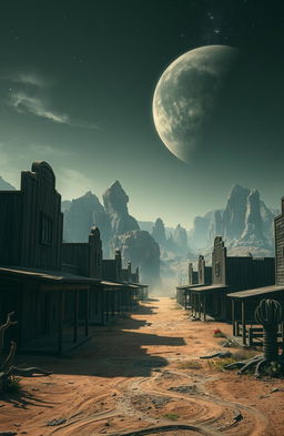 A desolate western-style ghost town on an alien planet, showcasing abandoned wooden buildings with peeling paint, dusty streets, and ominous shadows