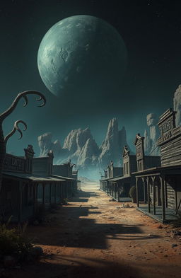 A desolate western-style ghost town on an alien planet, showcasing abandoned wooden buildings with peeling paint, dusty streets, and ominous shadows