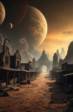 A desolate western-style ghost town on an alien planet, showcasing abandoned wooden buildings with peeling paint, dusty streets, and ominous shadows
