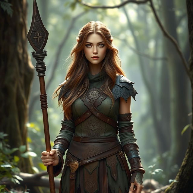 A female half-elf druid, modestly dressed in intricately detailed leather armor that blends seamlessly with her natural surroundings