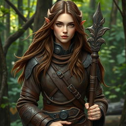 A female half-elf druid, modestly dressed in intricately detailed leather armor that blends seamlessly with her natural surroundings