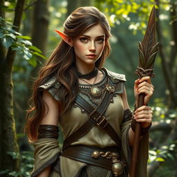 A female half-elf druid, modestly dressed in intricately detailed leather armor that blends seamlessly with her natural surroundings
