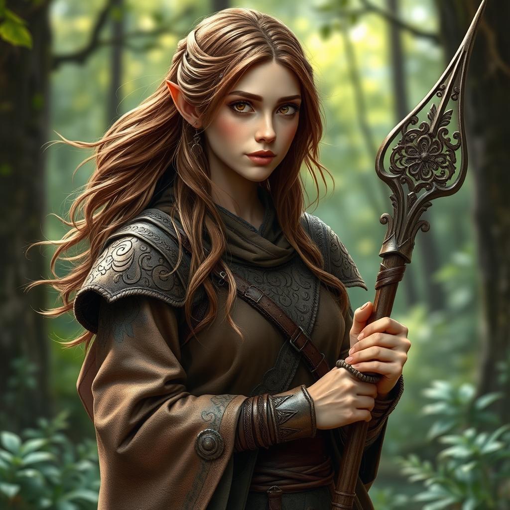 A female half-elf druid, modestly dressed in intricately detailed leather armor that blends seamlessly with her natural surroundings