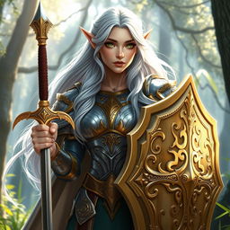 A stunning female elf paladin standing confidently with a radiant expression