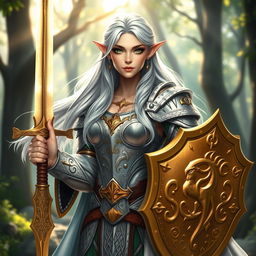 A stunning female elf paladin standing confidently with a radiant expression