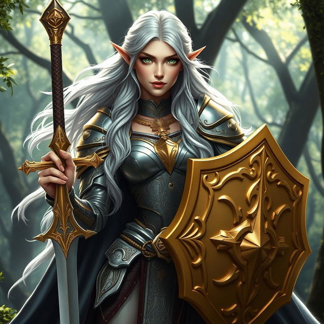 A stunning female elf paladin standing confidently with a radiant expression