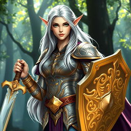 A stunning female elf paladin standing confidently with a radiant expression