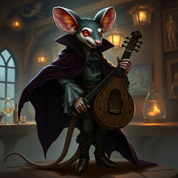 A Dungeons & Dragons inspired character design of a jerbeen-mouse-humanoid bard with vampire features