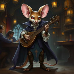 A Dungeons & Dragons inspired character design of a jerbeen-mouse-humanoid bard with vampire features