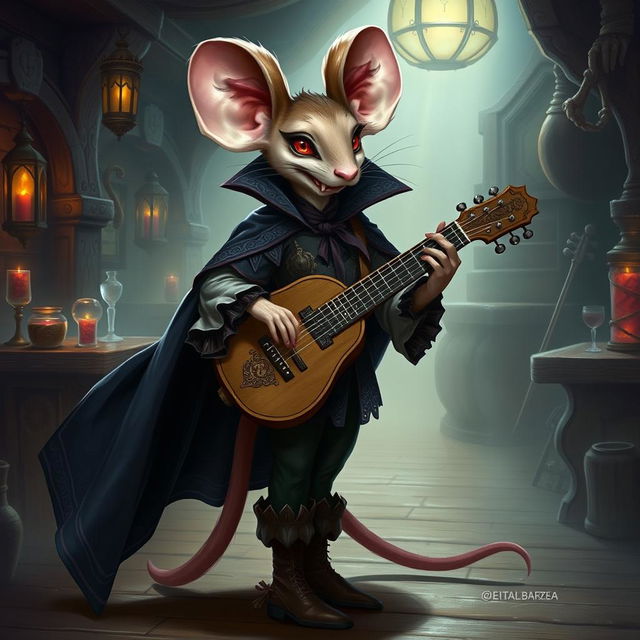 A Dungeons & Dragons inspired character design of a jerbeen-mouse-humanoid bard with vampire features