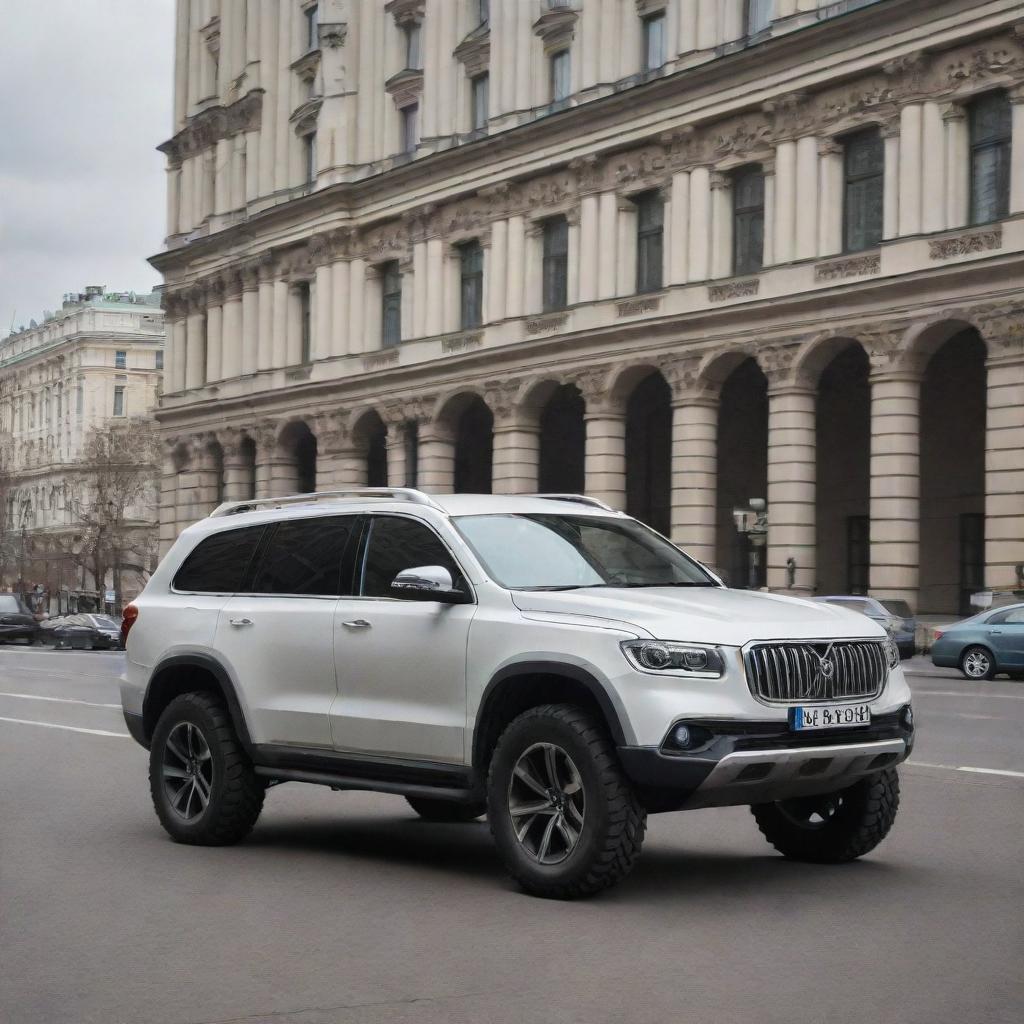 A modern Russian car exhibiting a blend of rigorous design, advanced technology, and built for rugged terrains