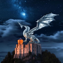 A silver dragon perched atop a gothic castle under a moonlit, starry sky