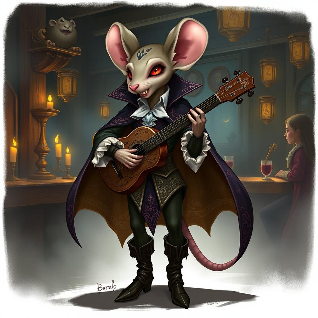 A Dungeons & Dragons inspired character design of a jerbeen-mouse-humanoid bard with vampire features