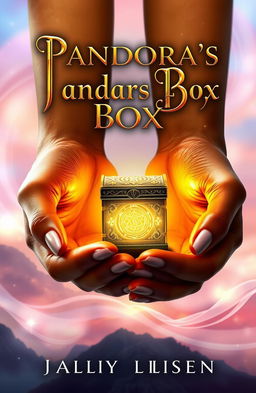 A fantasy book cover featuring two elegant, golden skin hands gently holding a small, intricately designed treasure chest