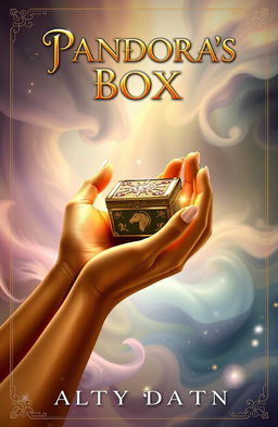 A fantasy book cover featuring two elegant, golden skin hands gently holding a small, intricately designed treasure chest