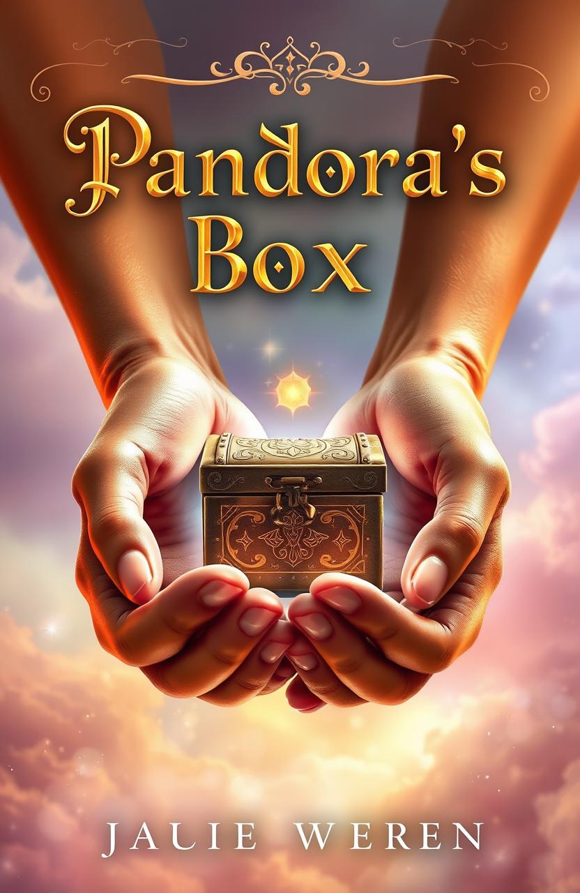 A fantasy book cover featuring two elegant, golden skin hands gently holding a small, intricately designed treasure chest