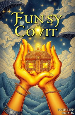 A fantasy book cover featuring two elegant golden-skinned hands gracefully holding a small, ornate treasure chest, adorned with intricate designs and glowing jewels