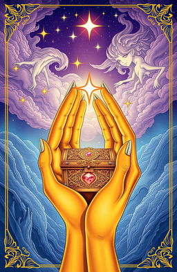 A fantasy book cover featuring two elegant golden-skinned hands gracefully holding a small, ornate treasure chest, adorned with intricate designs and glowing jewels