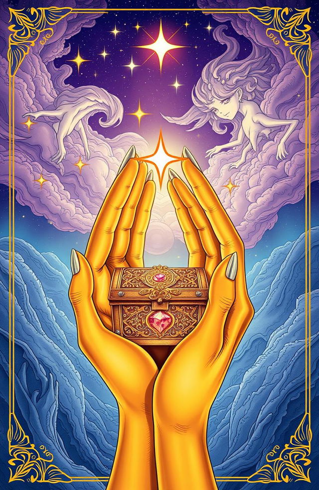 A fantasy book cover featuring two elegant golden-skinned hands gracefully holding a small, ornate treasure chest, adorned with intricate designs and glowing jewels