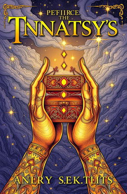A fantasy book cover featuring two elegant golden-skinned hands gracefully holding a small, ornate treasure chest, adorned with intricate designs and glowing jewels