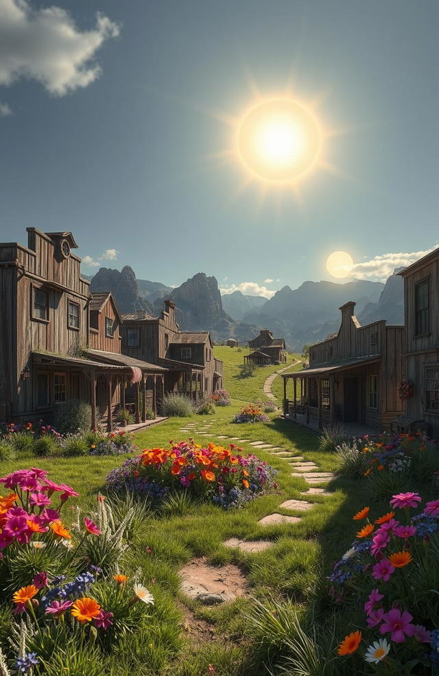 A run-down western-style village, resembling a ghost town, located on an alien planet