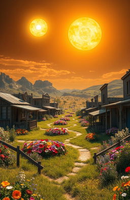 A run-down western-style village, resembling a ghost town, located on an alien planet