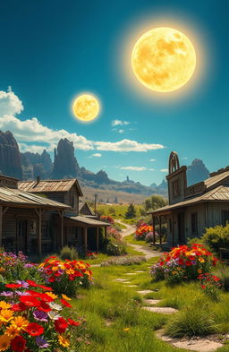 A run-down western-style village, resembling a ghost town, located on an alien planet