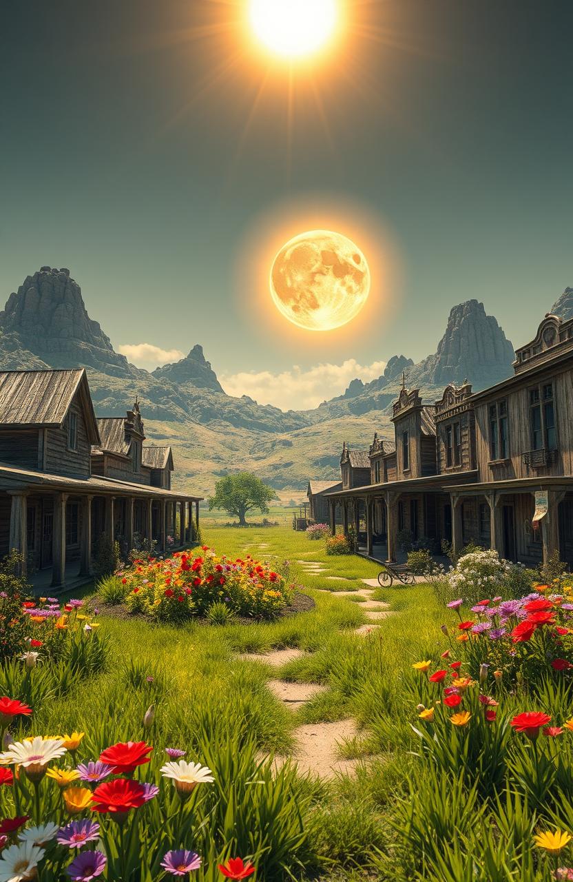 A run-down western-style village, resembling a ghost town, located on an alien planet