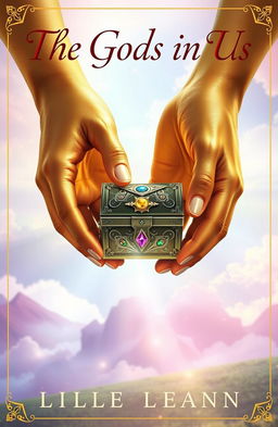 A fantasy book cover featuring two elegant hands with golden skin delicately holding a small, ornate treasure chest