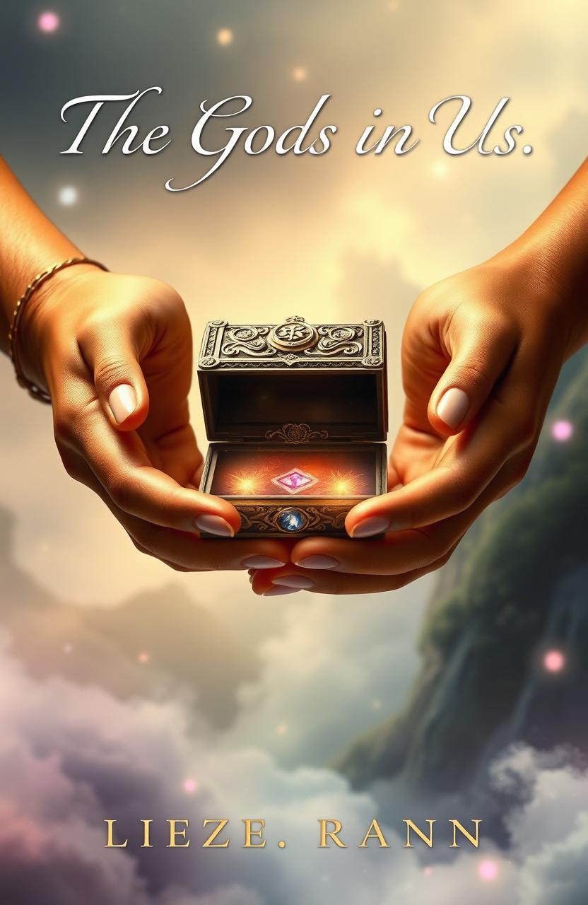 A fantasy book cover featuring two elegant hands with golden skin delicately holding a small, ornate treasure chest